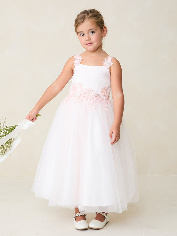 Girls Lace Applique Flower Girl Dress with 3D Floral Waist & Mesh Skirt, Sizes 2-12